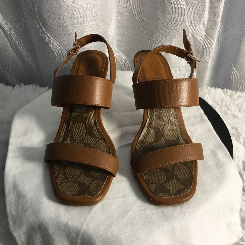 Coach Tan Leather Logo-Inset Sandals - Picture 2 of 10